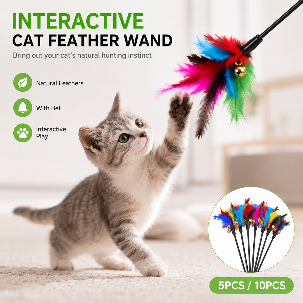 Interactive Cat Feather Wand Toy with Bell – Natural Hunting Teaser Stick for Indoor Cats