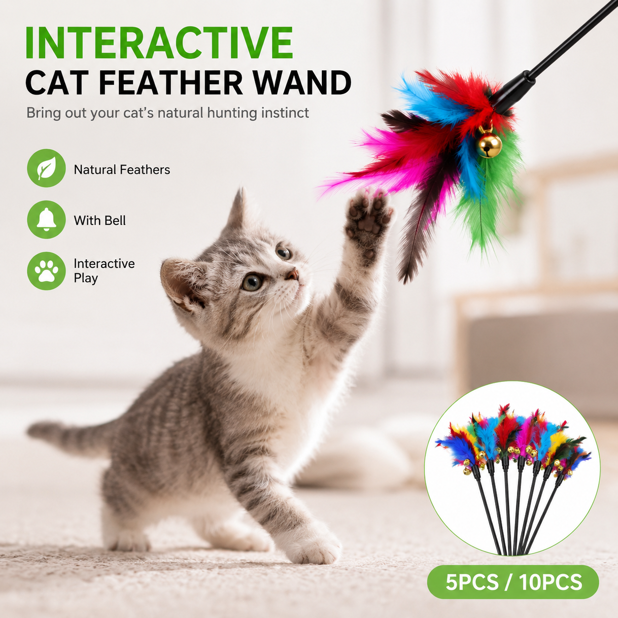 Interactive Cat Feather Wand Toy with Bell – Natural Hunting Teaser Stick for Indoor Cats