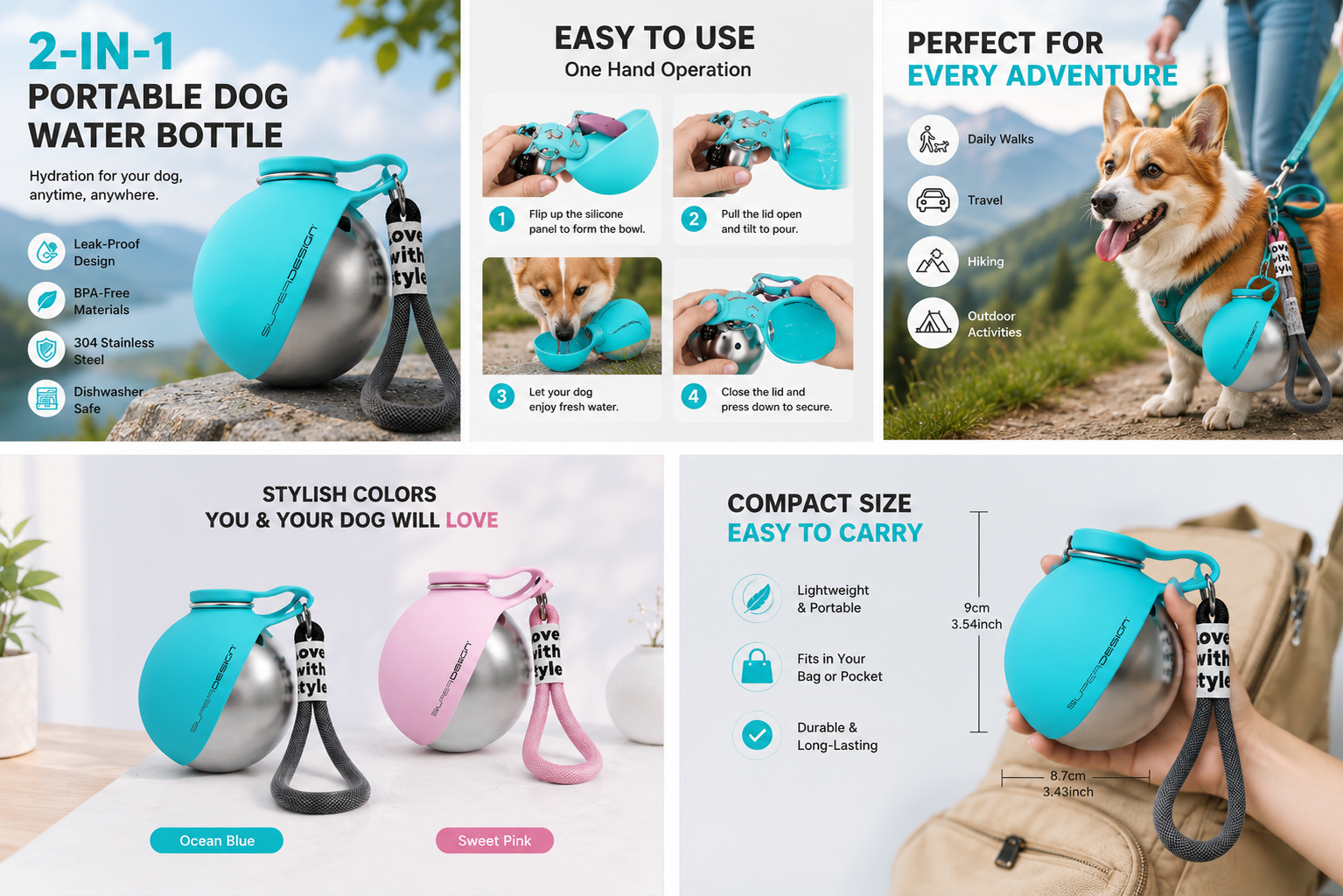 2-in-1 Portable Dog Water Bottle | Leak-Proof Travel Water Bowl for Small Dogs