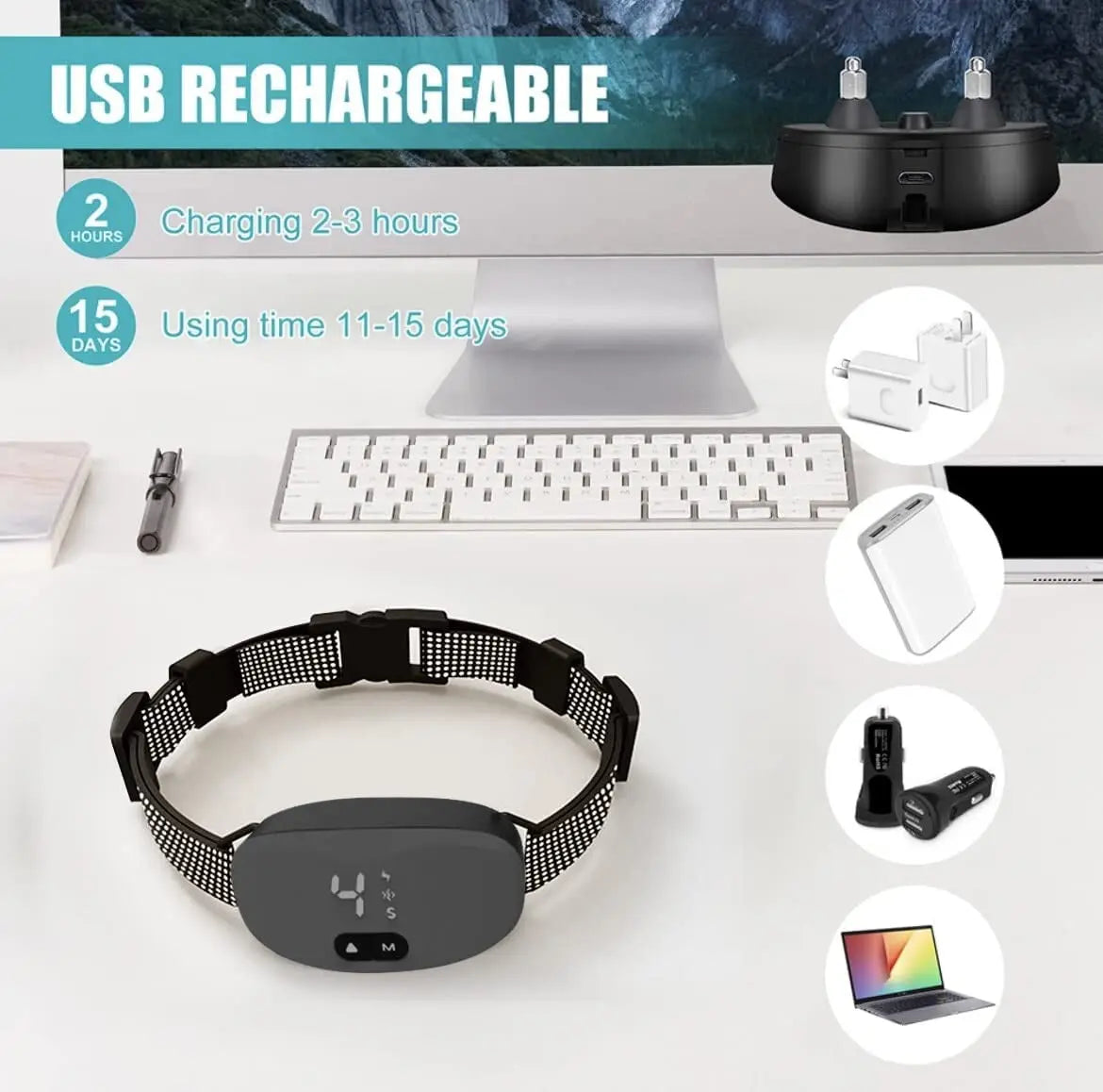 Waterproof Rechargeable Dog Anti Bark Collar Shock Vibration Sound LED No Barking Training Collar for All Breeds