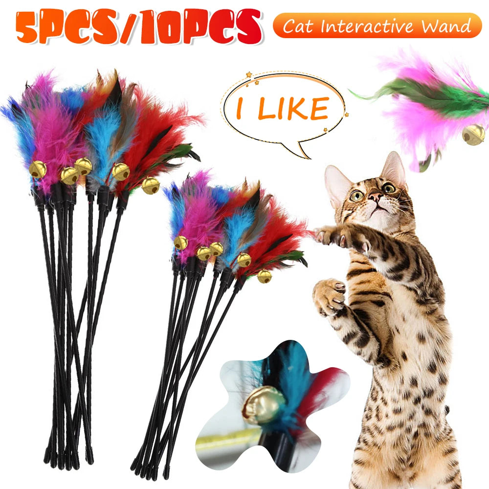Interactive Cat Feather Wand Toy with Bell – Natural Hunting Teaser Stick for Indoor Cats