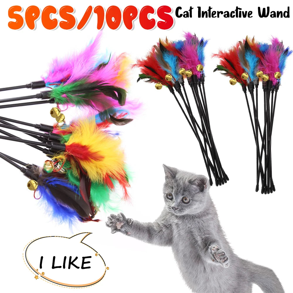 Interactive Cat Feather Wand Toy with Bell – Natural Hunting Teaser Stick for Indoor Cats